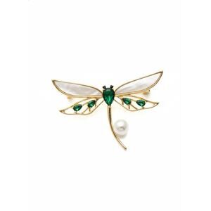 Elegant Gold Plated Dragon Fly Brooch Pin for Women White and Green Crystals
